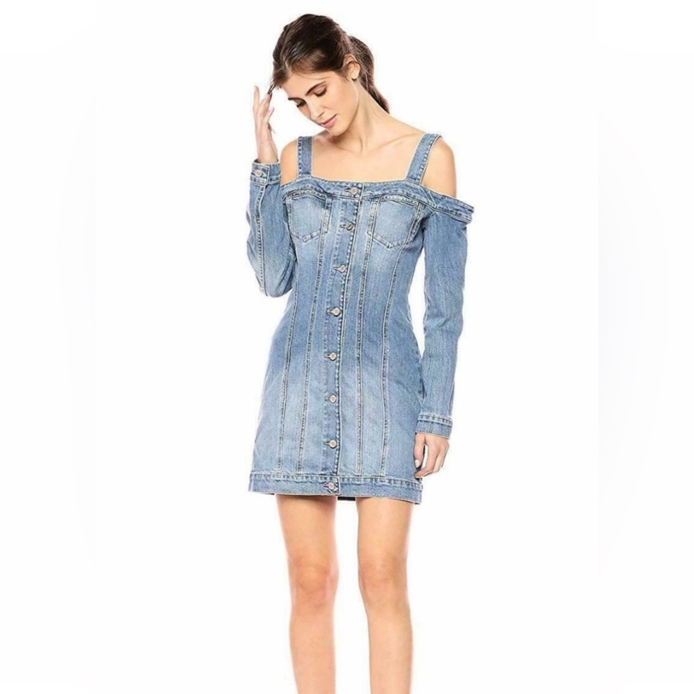 Guess Blue Denim Off-Shoulder Dress